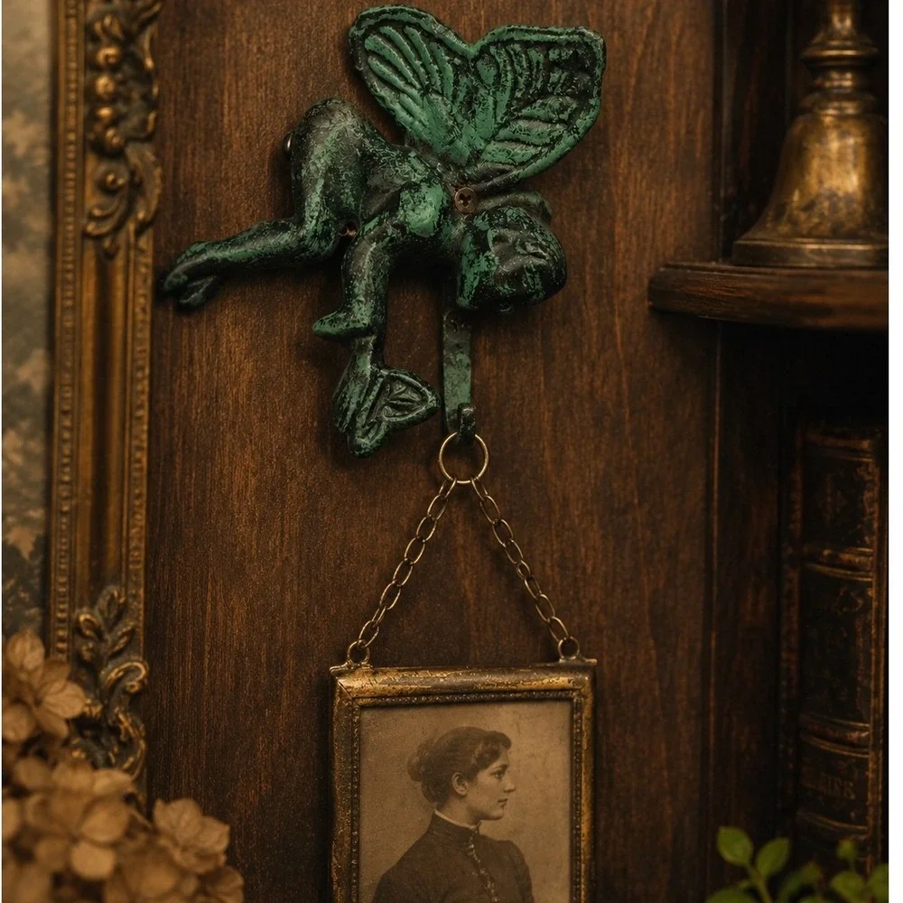 1940's Vintage Style Cast Iron‎ Fairy Wall Hook Verdigris Green Patina Cottage